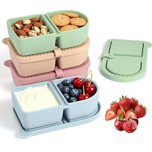 4 Pack Reusable Silicone Snack Containers with Lids - Leakproof 8.5 oz 2 Compartment , Portable Food Storage Box Snackle Condiment Salad Sauce Seasoning Small Snack Pack for School, Office, Picnic
