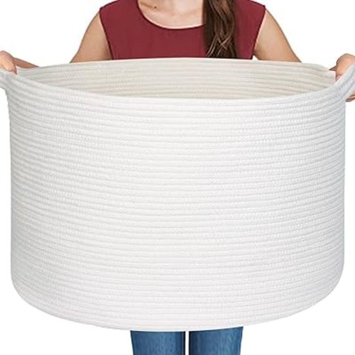 White Cotton Rope Storage Basket, 22" X 22" X 14" Extra Large Blanket Storage Living Room, XL Soft Toy Bin for Organizing, Woven Baby Laundry Basket with Handle, White Wicker Hamper Nursery