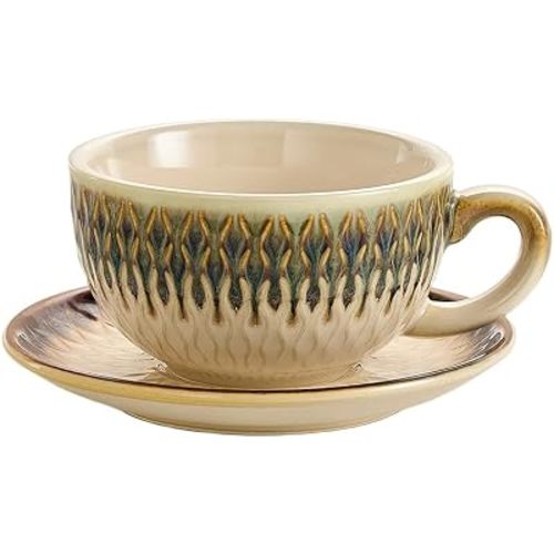 Coffeezone Vintage Design 12 oz Ceramic Latte Art Cappuccino Barista Cup with Saucer (Embossed Vintage)