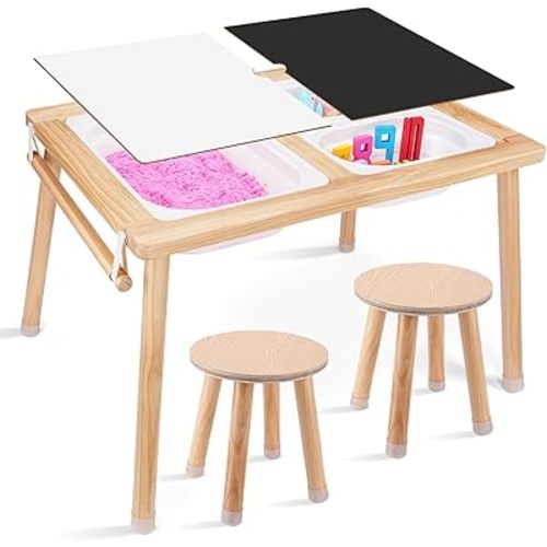 Toddler Sensory Table and Chair Set, Kids Sensory Bin Tables with Paper Roll Stick & Double-Side Board,Toddler Play Table with 3 Storage Bin, Indoor Outdoor Boys Gilrs