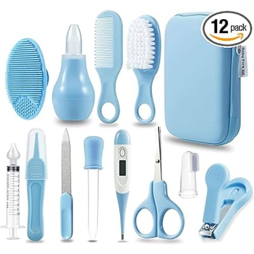 PandaEar Baby Healthcare & Grooming Kit - Baby Safety Set Comb, Brush, Finger Toothbrush, Nail Clippers, Scissors, Nasal Aspirator - Nursery Care Kit (Blue)