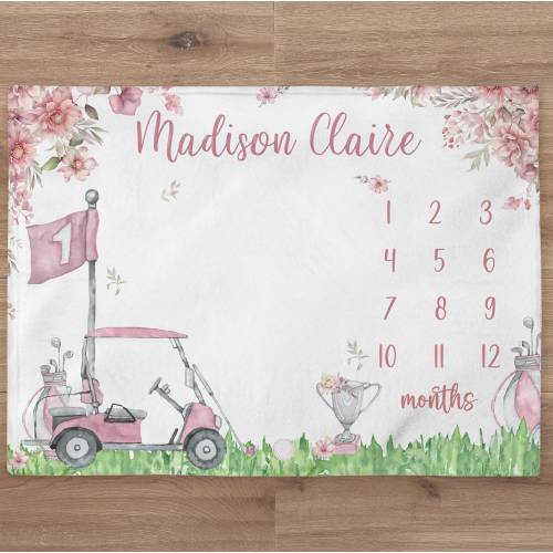 Golf Milestone Baby Girl Blanket, Pink Floral Monthly Milestone Blanket, Golf Milestone Quilt, Golf Nursery, Newborn Gift, Baby Shower Gift