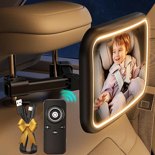 Baby Car Mirror with Light for Baby Rechargeable Baby Mirror for Car Seat Shatterproof Safest Clear View 360° Rear Facing Hook Clip Design Adjustable with Remote Control