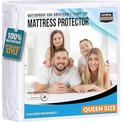 Utopia Bedding Waterproof Mattress Protector Queen Size, Premium 200 GSM Terry Mattress Cover, Soft & Breathable Bed Cover, Fitted Sheet Style with Stretchable Deep Pockets 17" (White)