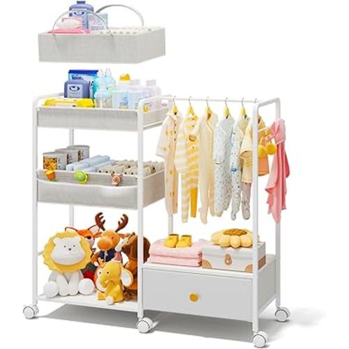 BBLIKE 3in1 Diaper Caddy Organizer - Diaper Caddy & Rolling Diaper Cart with Kids Clothing Rack for Nursery and Baby Essentials, Multi-Function Utility Cart for Bedroom and Bathroom, White