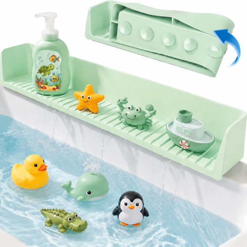 HBK Splash Guard for Bathtub - Green 31.5 Inch Silicone Water Guard with 11 Suction Cups, Toy Storage Tray for Toddlers, No Mess Bath Solution,1-pack
