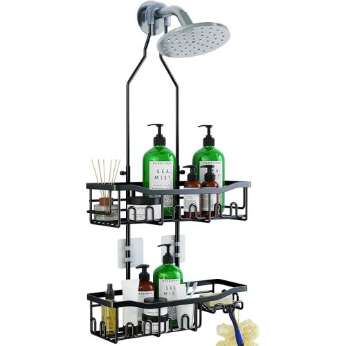 Upgraded Extended Length Shower Organizer with Hooks, Rustproof Shampoo Soap Holder, Large Hanging Bathroom Caddy