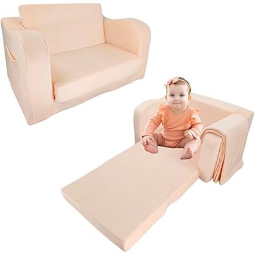 Wonder Space Kids Foam Couch with Blanket, Pre-Assembled Toddlers 2-in-1 Convertible Sofa, Indoor Foadable Lounger Chair & Flip Open Floor Bed for Boys & Girls (Champagne)