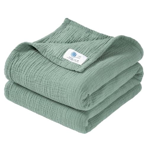 lulumoon Muslin Baby Blanket for Boys: 4-Layer Soft Cotton Toddler Blanket for Daycare - Lightweight Crib Bedding for Stroller & Travel 47"x47"(Lotus Leaf)