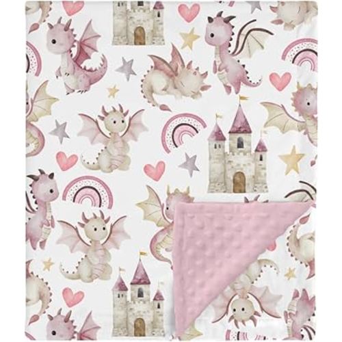 HawSkgFub Pink Purple Dragon Castle Mink Baby Blankets with Dotted Backing Girls Shower Gift, Cute Flying Dragons Double Layer Nursery Swaddle, Soft Newborn Infant Toddler Bed Crib Bedding 30 x 40