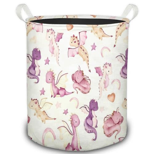 Pink Purple Dragon Nursery Laundry Basket, Fantasy Cute Dragons Foldable Laundry Hamper With Handles Clothes Toys Storage Basket for Baby Girl Nursery Bedroom Kids Room Bathroom