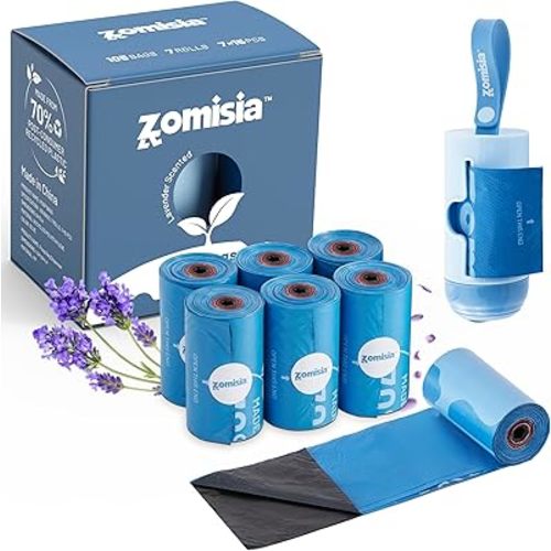 Dog Poop Bags Rolls with Holder - Color Changes for Low-Bag Alert, Black-Lined Lavender Dog Waste Bags 7 Rolls, Extra Thick 100% Leakproof, 70% Recycled GRS Certified, 105 Count