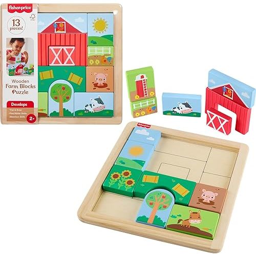 Fisher-Price Wood Toddler Toy Farm Blocks Puzzle, 14-Piece Wooden Activity for Developmental Play Preschool Kids Ages 2+ Years