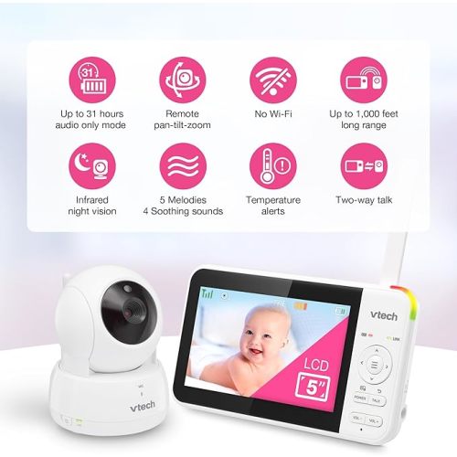 VTech VM924 No WiFi Remote Pan-Tilt-Zoom Video Baby Monitor - 5" LCD Screen, Up to 17Hrs Video/31Hrs Audio Battery, 1000ft Range, Night Vision, Soothing Sounds, Temperature Sensor