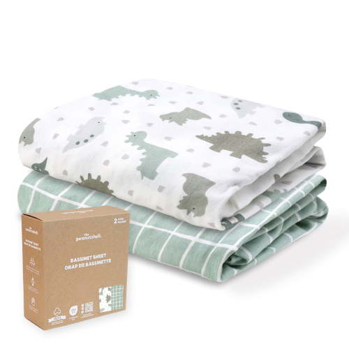 The Peanutshell Organic Cotton Bassinet Sheets, Bed Sheets for Baby Boys and Girls, Sage Dino, 2 Pack