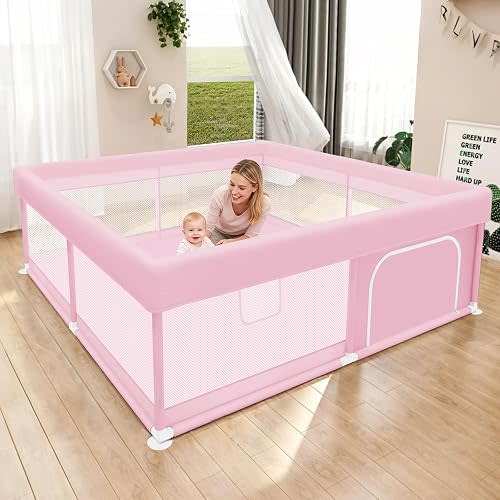 Hiaksedt Large Baby Playpen 50"x50" Baby Girl Play Pen for Babies and Toddlers, Safe Structure and Soft, Skin-Friendly Fabric with Zipper Gates Pink