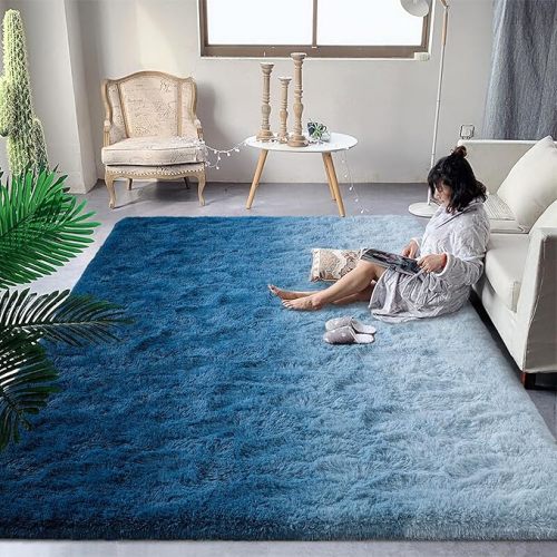 DweIke Luxury Fluffy Kids Rugs for Living Room Bedroom, 4x6 Feet Shaggy Gradient Navy Blue Area Rug for Girls Boys, Upgrade Plush Non-Slip and Washable Colorful Fuzzy Carpet for Dorm Nursery Decor