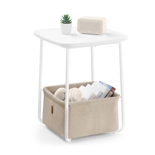 VASAGLE LILEA Collection - Side End Table with Fabric Basket, Modern Nightstand, Square Bedside Table, for Living Room, Bedroom, Matte White and Camel Brown ULET229W10