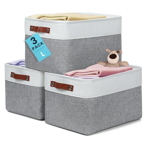OrganiHaus Large Fabric Storage Baskets for Shelves 3 Pack, 15x11in Closet Storage Bins for Shelves, Canvas Baskets for Organizing, Linen Closet Organizers, Cloth Basket, Gray/Off-White