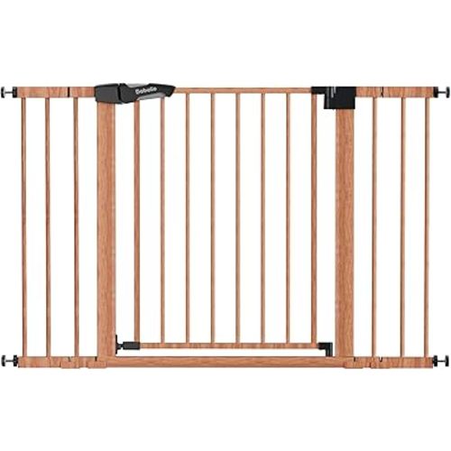 Babelio 29-48" Metal Baby Gate with Brown Wood Pattern, Auto Close Dog Gate PressGuard P7 for The House, Stairs and Doorways, Pressure Mounted Pet Gate with Door, Safety Gate for Child and Pets