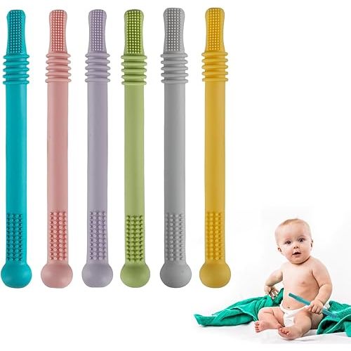 Fu Store Hollow Teether Tube Chew Straw Sensory Toy for Infant Toddlers Silicone Tubes Teething Toys for Babies 3-12 Months 0-36 Months Gifts Learning Developmental Toys BPA Free Freezable 6 Pack