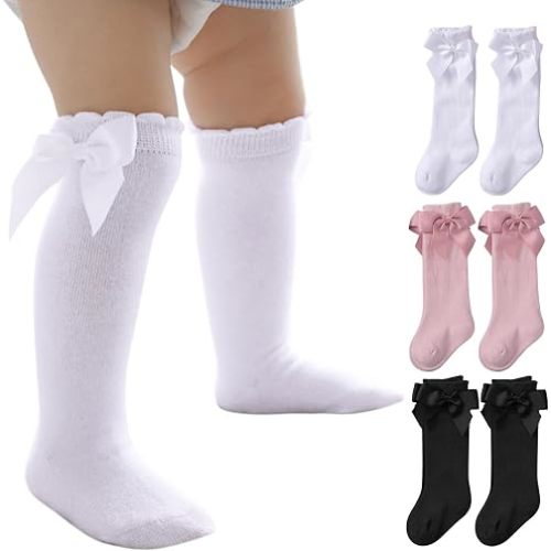 3 Pack Toddler Knee High Socks, Ruffle Long Socks with Bow for Baby Girls