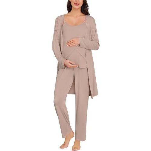 SWOMOG Maternity Pajamas Set 3 PCS Nusing Pajamas Labor and Delivery Gown & Camisole & Pants Postpartum Pjs