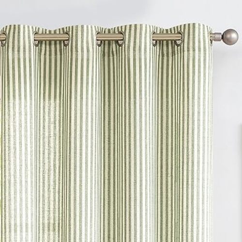 Linen Striped Curtains for Living Room Bedroom Farmhouse Tickingstripe Light Filtering Window Curtains Printed Drapes Grommet Top 2 Panels Green W50 x L84 Inch
