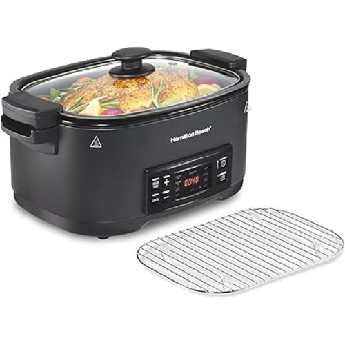 Hamilton Beach 6 Quart 9-in-1 Programmable Slow Cooker with Sear, Browning, Rice, Steam, Sauté, Roast Delay Start & Keep Warm Functions, Nonstick PFAS-Free Dishwasher Safe Crock, Black (33604)