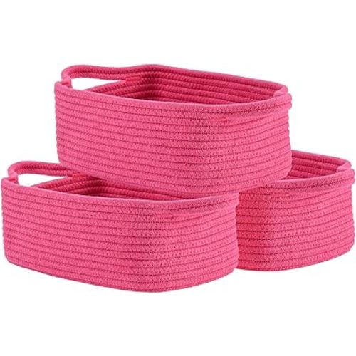 KALLAX Small Woven Basket, 12 x 8 x 4.5 Inches, Small Storage Baskets for Organizing, Gift Baskets Empty, Cute Rope Shelf Closet Storage Bins for Shelves, Dog Toy Basket, 3 Packs, Hot Pink