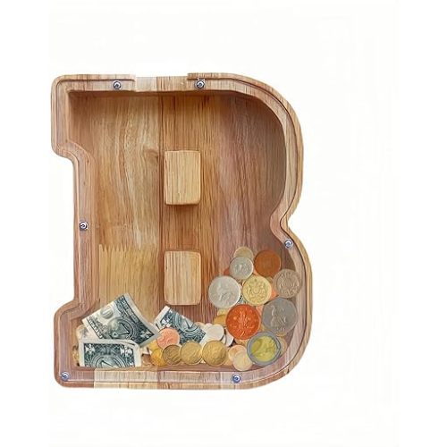 Large Piggy Bank for Kids Boys Girls, Personalized Wooden Letter Piggy Bank with Cut-Out Design, Alphabet Letter Coin Banks, Money Savings Box,Birthday Present for Kids Adults and Home Decoration (B)