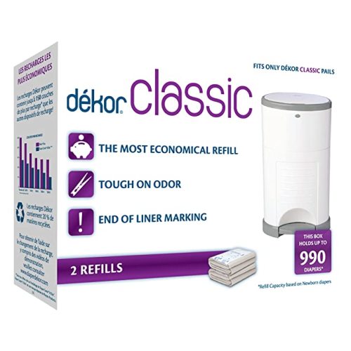 Dekor Classic Diaper Pail Refills | 2 Count | Most Economical Refill System | Quick & Easy to Replace | No Preset Bag Size – Use Only What You Need | Exclusive End-of-Liner Marking | Baby Powder Scent - 2 Count (Pack of 1)