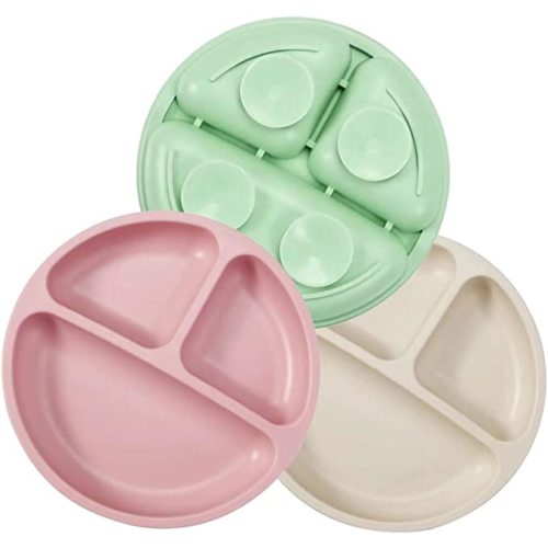 PandaEar 3 Pack Divided Unbreakable Silicone Baby and Toddler Plates - Non-Slip - Dishwasher and Microwave Safe - Silicone (Pink Green Light Tan)