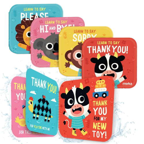merka Baby Bath Books for Toddlers, 4 Pack Waterproof Bathtime Books, Bath Toys Floatable in Bathtub, Learn to Say Thank You, Sorry, Hi Bye, Please