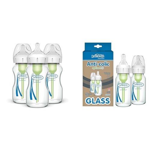 Dr. Brown's Anti-Colic Options+ Wide-Neck 9 oz & Narrow 4 oz Glass Baby Bottles, Level 1 Slow Flow Nipples