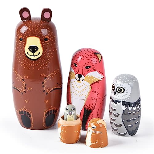 Nesting Dolls, Nesting Easter Eggs Toys, Wooden Handmade Matryoshka Dolls for Kids Birthday or Home Decoration (Bear)