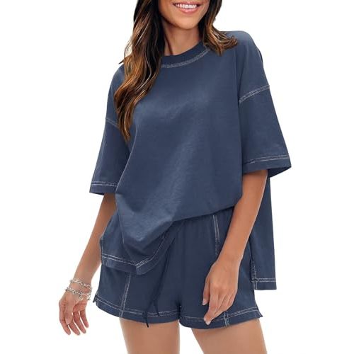 EXLURA Women's Casual Summer 2 Piece Sets 100% Cotton Short Sleeve Tshirt and Shorts Matching Sweatsuits Lounge Set 2026