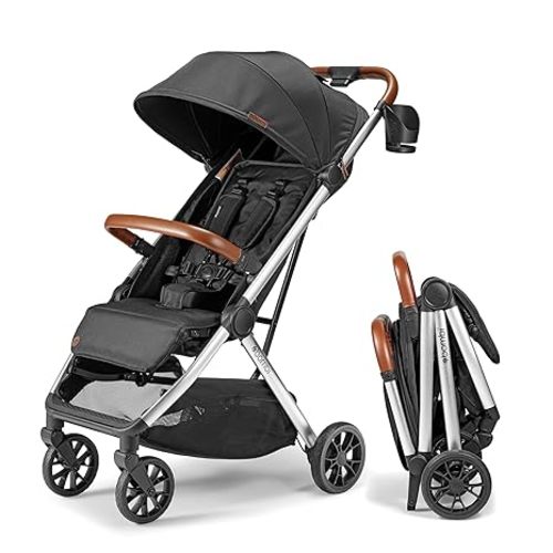 Bombi Bēbee V2 Lightweight Baby Stroller - Premium Vegan Leather, One-Hand Fold, Infinite Recline, Aircraft-Grade Aluminum Frame, XXL Canopy, and Ample Storage Umbrella Stroller - Onyx