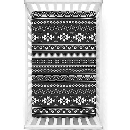 Aztec Themed Fitted Crib Sheet,Standard Crib Mattress Fitted Sheet Toddler Bed Mattress Sheets-Baby Sheet for Boys Girls, 28“ x52“,Black White