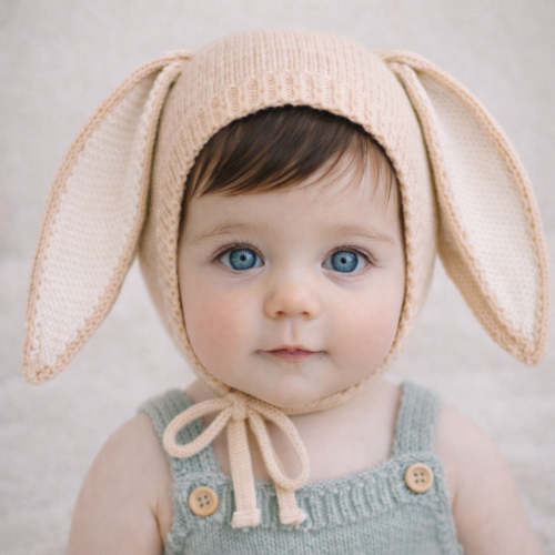 Knitted Henry Bunny Bonnet color options – Olive and Cradle