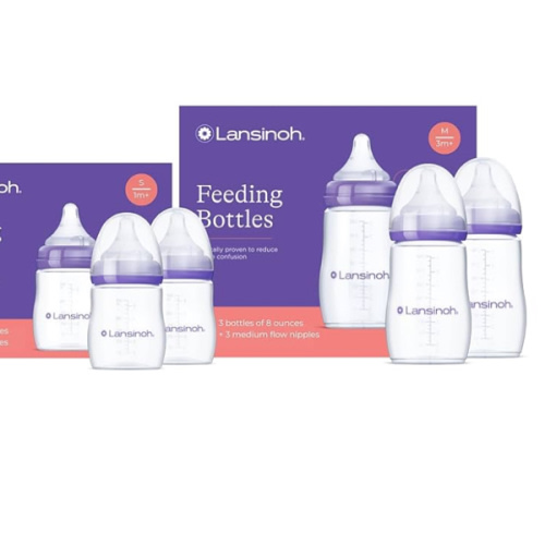 Lansinoh NaturalWave Newborn Gift Set – 3 Anti‑Colic 5 oz Bottles with S‑Flow Nipples + 3 Breastfeeding 8 oz Bottles with M‑Flow Nipples (6 Pack)