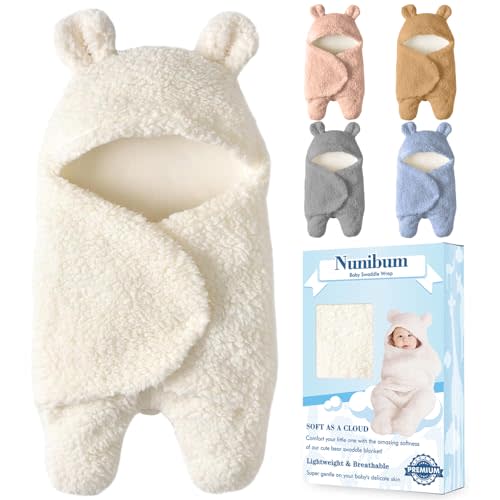 Nunibum Baby Swaddle Blanket Boys Girls Cute Bear Plush Essential Receiving Blanket Ultra-Soft Newborn Registry Sleeping Wraps for Infant 0-6 Months - White