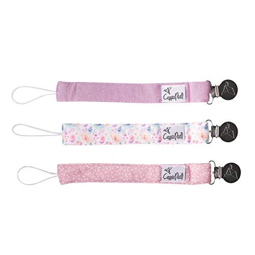 Copper Pearl Premium Knit Pacifier Clips 3-Pack: Stylish Stainless Steel Holders for Baby Girls and Boys - Prevents Floor Drops - Bloom Design