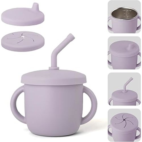 4-in-1 Stainless Steel Silicone Sippy Cup, 8.5oz Toddler Open Cup with Straw, Sippy & Snack Lids, For Baby Led Weaning, Toddlers 1-3 Years Trainning Kids Drinking, Dishwasher Safe, Lilac