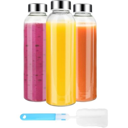 Clear Glass Bottles with Lids 18 oz, Reusable Glass Water Bottles with Stainless Steel Cap for Juicing, Refrigerator,100% Leak Proof, BPA Free, Set of 3
