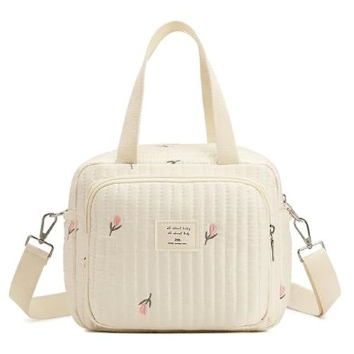 Small Diaper Bag Tote, Crossbody Diaper Bag Mini Purse with 7 Pockets, Travel Baby Bag for boys & Girls, 2 Bottle pocket, Off white