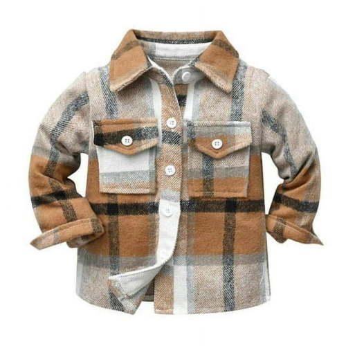 Toddler Kids Baby Boys Flannel Plaid Shirt Long Sleeve Lapel Button Down Tops Coat Jacket Outfits Fall Winter Clothes, Coffee 3-6 Months