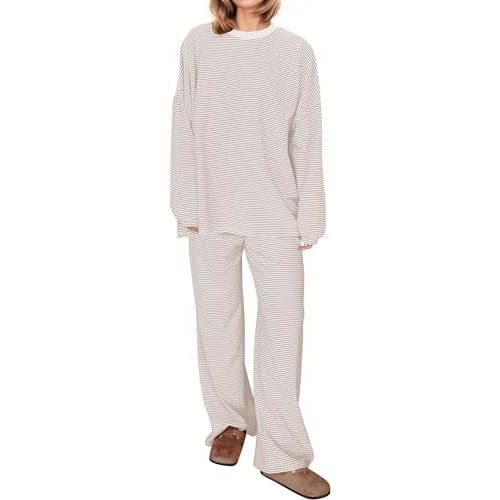 MISSACTIVER Women's 2 Piece Striped Lounge Set Long Sleeve Oversized T-Shirt Wide Leg Pants Matching Pajamas Set