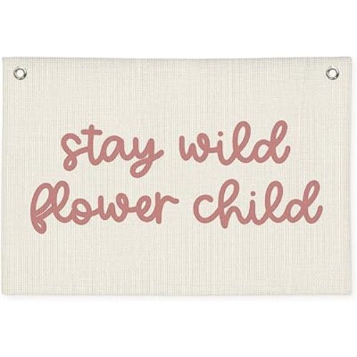 Girls Room Nursery Decor, Stay Wild Flower Child Linen Canvas Banner Wall Hanging Flag Decor for Little Toddler Baby Girls Room Playroom, Baby Shower Girl Decorations