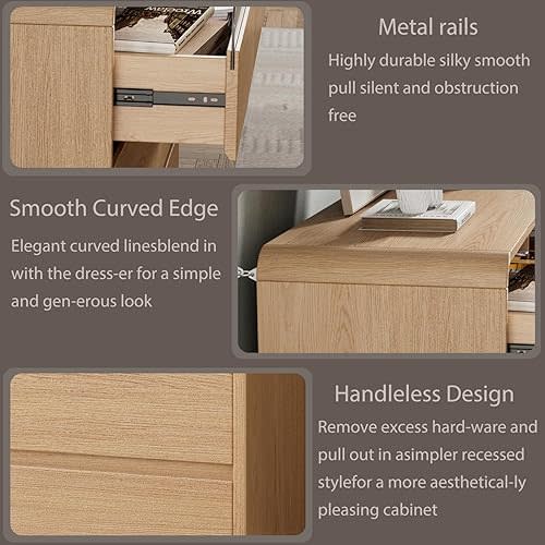 Ieejdn 47.2" Dresser with 6 Drawer, Wide Dresser with Recessed Glass Display & Silent Metal Rails, Handleless Chest of Drawers for Clothes, and Bedding, Warm Wood